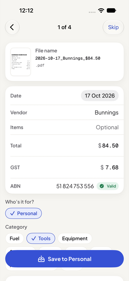 The Check details screen: a Bunnings receipt with date, vendor, total $84.50, GST $7.68 and a valid ABN.
