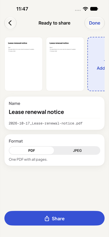Document mode: a two-page lease renewal notice, ready to share as one PDF.