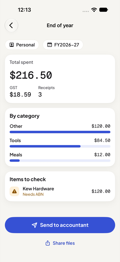 End of year: total spent $216.50, spending by category, one item to check, and a Send to accountant button.