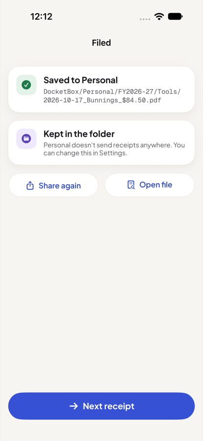 The Filed screen: the receipt saved to the Personal folder, with options to share again or open the file.