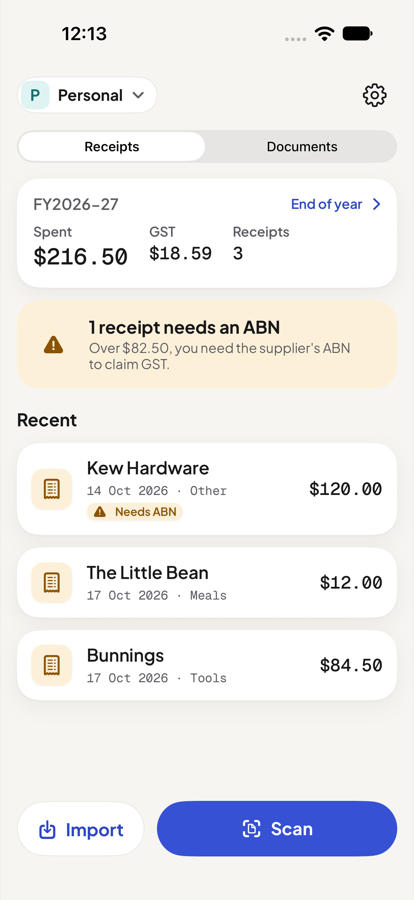 Home: the year's spending and tax, three receipts, and one receipt flagged because the supplier's tax number is missing.
